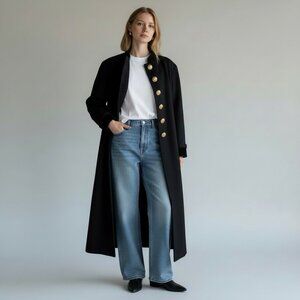 Vintage Leslie Fay Womens 14 Long Swing Coat 100% Pure Wool Black Gold Buttons